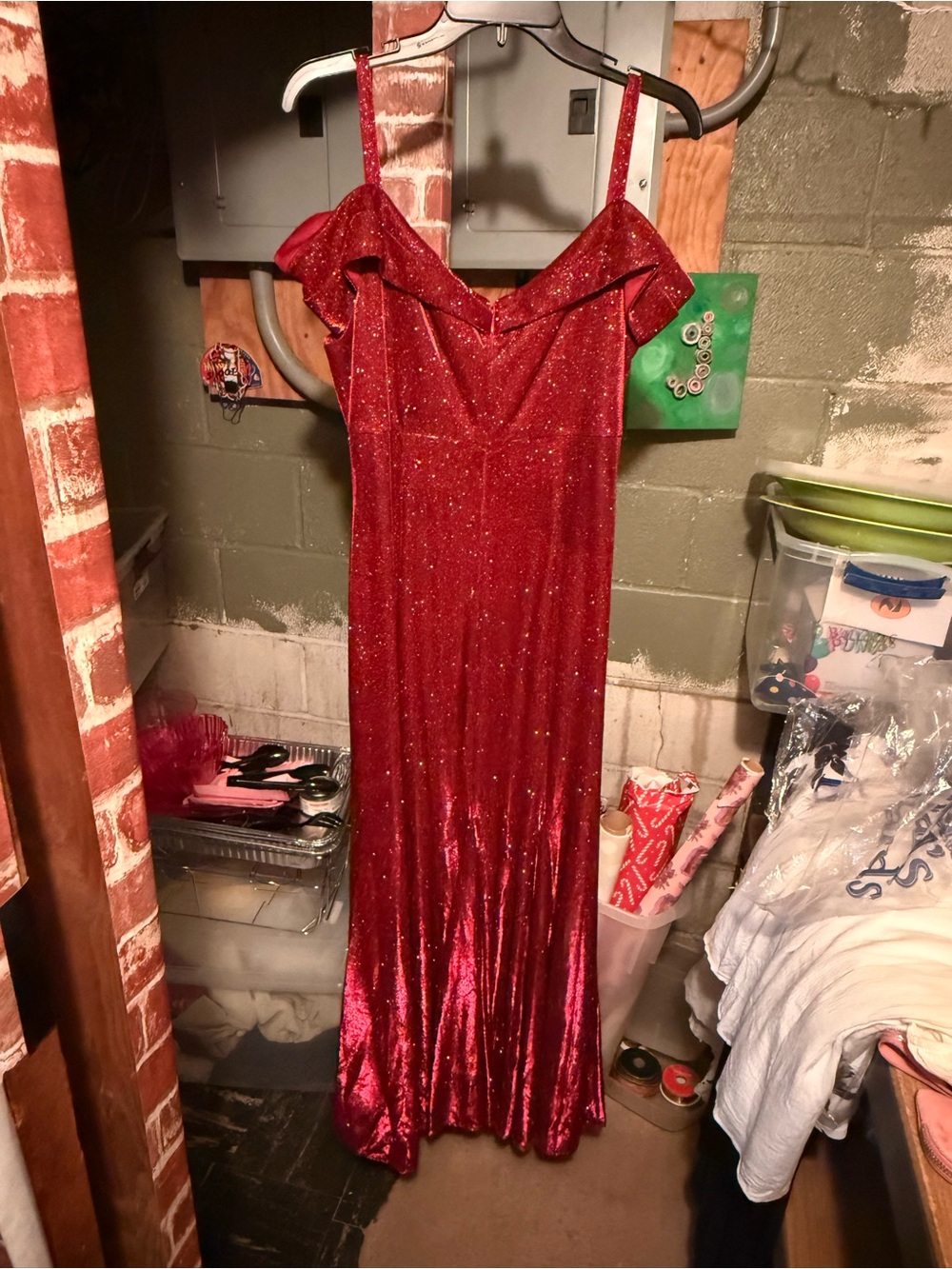 R&M Richards Red Glitter Off-Shoulder Maxi Gown